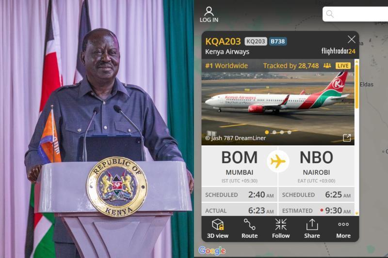 Collage photo of Raila Odinga and a screengrab from flightradar24.